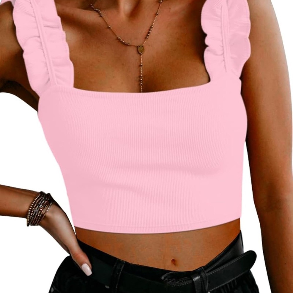 Pink Ruffled Crop Tank Top - Picture 4 of 4